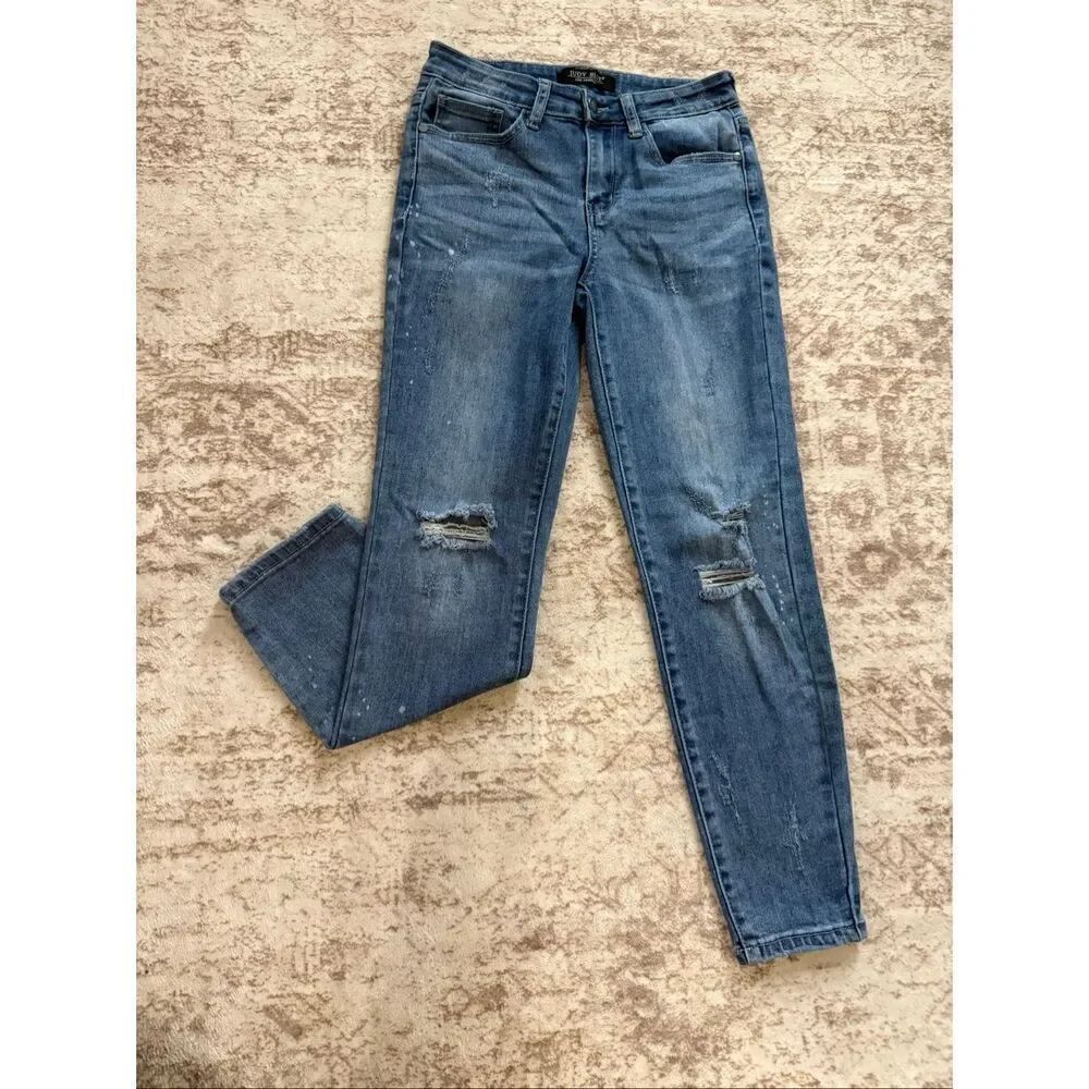 Judy Blue Women's Relaxed Fit Distressed Mid-rise Ankle Denim Jeans Blue Size 27